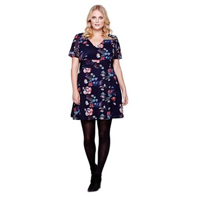 Yumi Curves Blue Floral Dress With Lace Detail